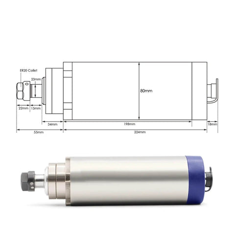2.2KW Air Cooled Spindle Motor For Engraving And Milling With ER20 Collet, 80mm Housing, technical diagram with dimensions