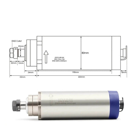 2.2KW ER20 Air Cooled Spindle Motor for Engraving and Milling, 80mm Shaft, 4 Bearings, 110V Water-Cooled System with Diagram