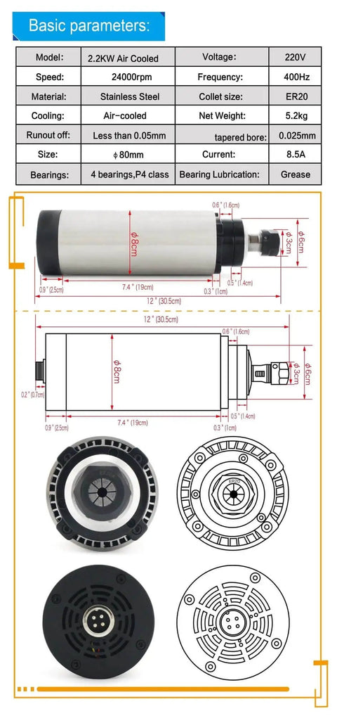 Diagram of CNC Spindle Kit 2.2KW ER20 220V DC 24000 RPM With 4 Bearing High Speed Main Bearings And 2HP Inverter VFD features and specifications