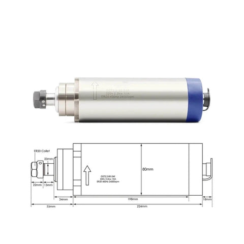 Beefed-Up 2.2kW Air Cooled CNC Spindle 24,000 RPM 80mm Shaft with Ceramic Ball Bearings, 380V drive, precision milling and engraving
