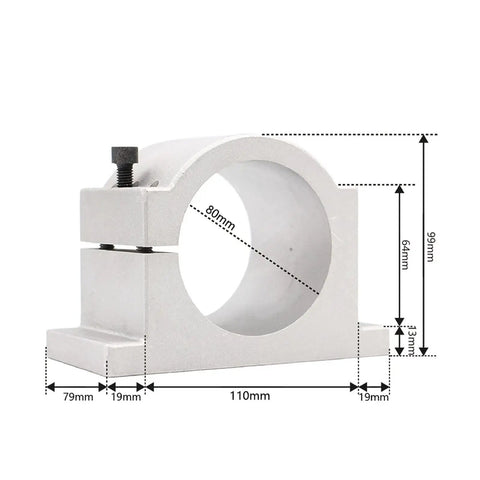 80mm aluminum clamp bracket for 2.2 kW CNC air cooled spindle motor with ER20 bearings, side view with measurements