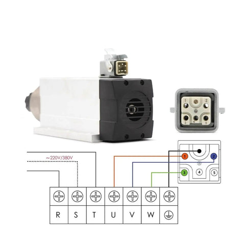 2.2kW 220V ER25 CNC Spindle Motor with connector and wiring diagram, air cooled, ceramic ball bearings, for precision milling