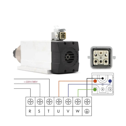 Powerful 2.2kW ER25 CNC Spindle Motor With Flange, 220V Air Cooled Ceramic Ball Bearings, side view with wiring diagram