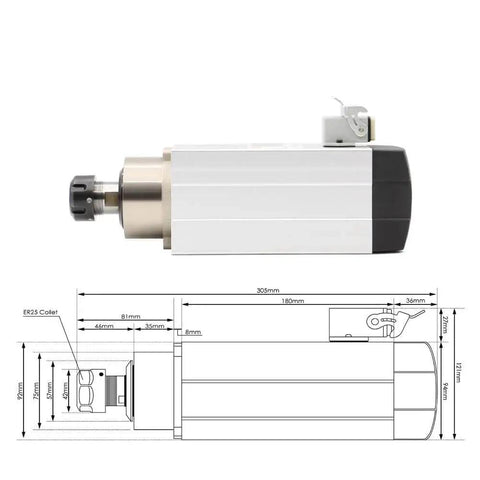 2.2kW ER25 Air Cooled Spindle With 18000 RPM, 300 Hz, Four Ceramic Ball Bearings, shown with dimensions in diagram