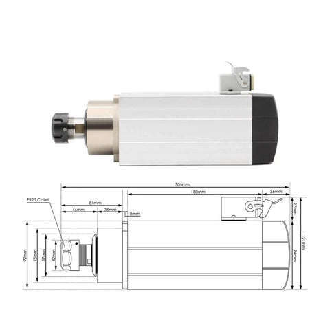 220V 2.2kW ER25 Woodworking Spindle Air Cooled With Ceramic Ball Bearings 0.01mm Runout Four Bearings VFD Inverter Included