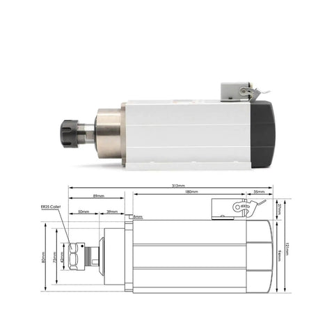 Air Cooled 2.2kW ER25 Spindle With Ceramic Ball Bearings, 4 Bearing Main Assembly, 220V and 380V Dual Voltage, Flange Mount