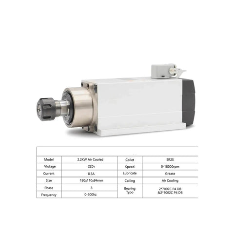 Air Cooled 2.2kW ER25 Spindle With Ceramic Ball Bearings, 4 Bearing Main Assembly, 220V and 380V Dual Voltage, Flange Mount