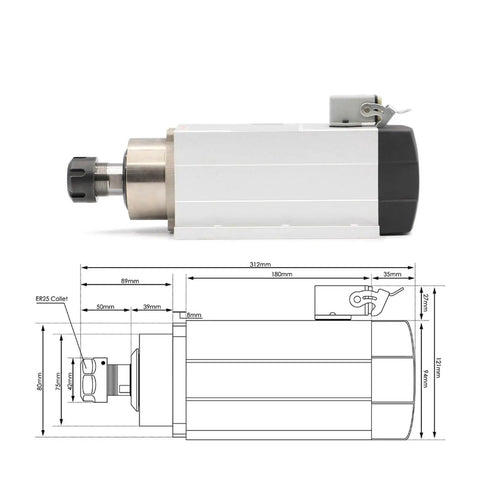 ER25 Air Cooled CNC Spindle 2.2kW 220V with Ceramic Ball Bearings for Woodworking and Precision CNC Routers, side view and dimensions
