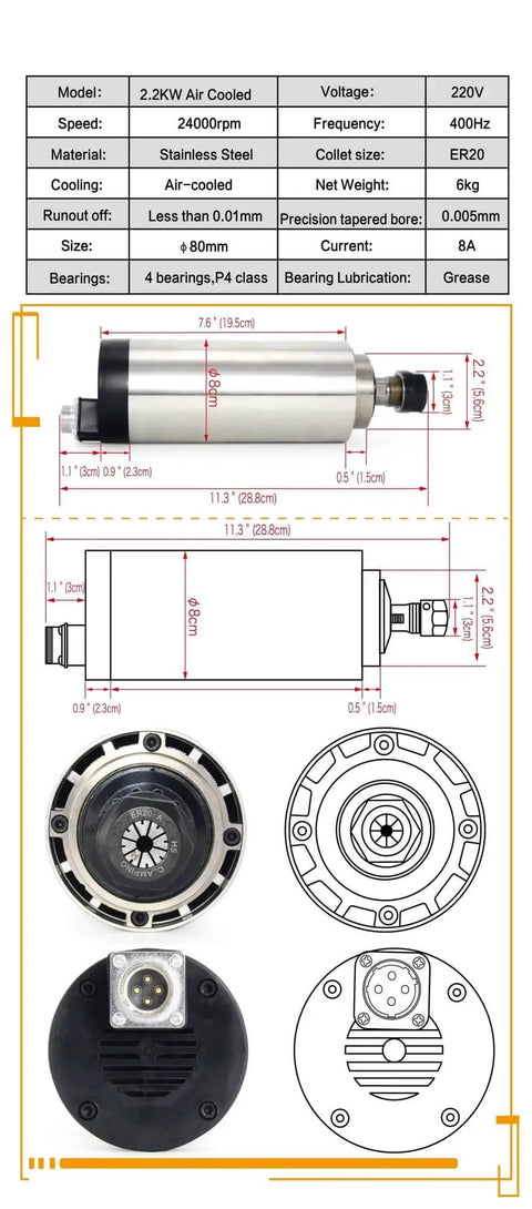 Technical drawing and parts of Beefy 2.2kW ER20 Spindle Motor Water Cooled CNC Spindle 220V Runout 0.01mm design details
