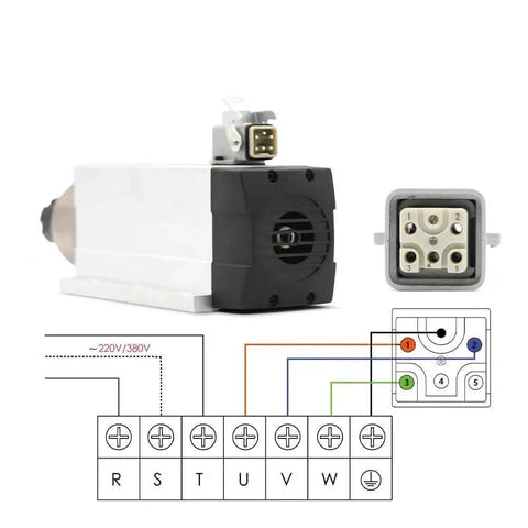 2.2kW ER25 air-cooled spindle, ceramic ball bearings, rear view with wiring diagram, 220V/380V inverter ready, CNC flange.