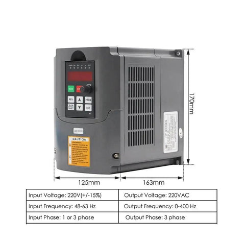 Side view of 220V inverter for 2.2kW ER25 Air Cooled Spindle With Ceramic Ball Bearings, dimensions shown with specifications chart.