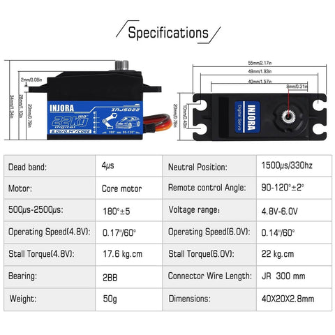 Specifications and dimensions of 22KG Low Profile Digital Servo and 25T Servo Horn for 1/10 RC Car Robot Model Upgrade