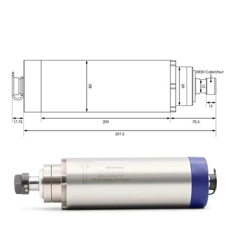 Diagram and photo of 2.2KW ER20 Air Cooled Spindle Motor for CNC engraving with 80mm body, ceramic bearings, VFD ready, high precision.