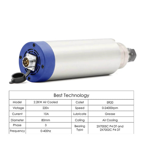 2.2KW ER20 Air Cooled Spindle Motor For CNC Engraving And Milling, 80mm Body, 4 Ceramic Bearings, front view with specs table