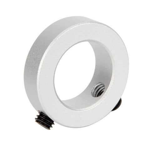 Close-up of a single aluminum 22mm bore shaft collar with screw clamp, 35mm outer diameter, 10mm width