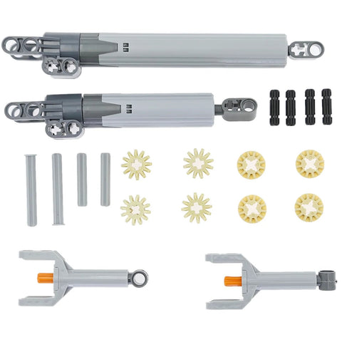 Two grey Lego-compatible linear actuators with orange ends and a 22-piece gear/axle set for robot builds.