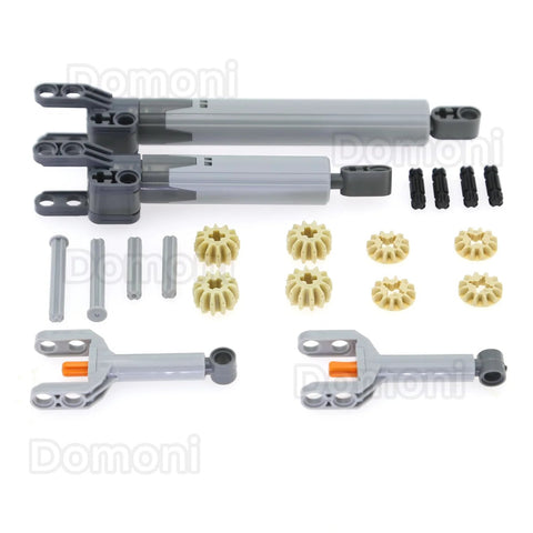 Technical Powered Up Lego-compatible linear actuator kit with two gray actuators, beige gears, pins and brackets