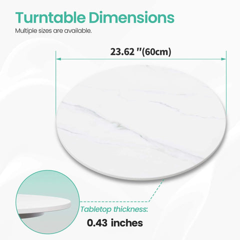 Dimensions of 23.6 inch sintered stone lazy susan turntable in white, showcasing 23.62 inches and 0.43 inch thickness.