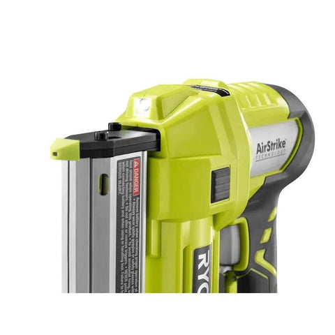 Close-up of Cordless AirStrike 23-Gauge Pin Nailer Kit for 18V ONE+ showing the front mechanism and LED light.