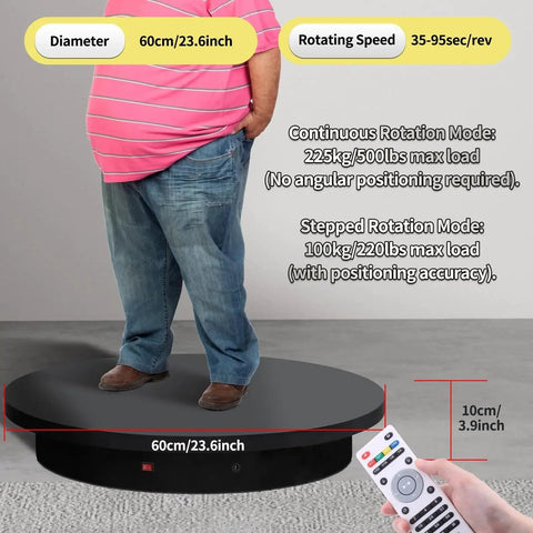 Man standing on a 23.6 Inch Remote Motorized Turntable for Photography and 3D Scanning, showing rotating platform with remote control.