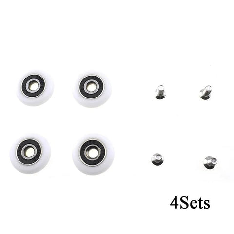 Four 23mm diameter bearing steel shower door wheels with nylon rollers and stainless steel screws, 4-piece set for sliding systems