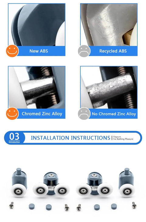 23mm Shower Door Rollers 8PCS Replacement Set materials comparison, showing new ABS and chromed zinc alloy components.