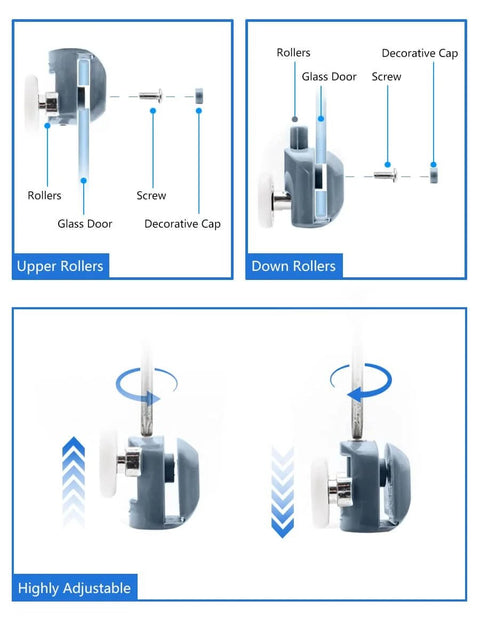 Diagram of 23mm Shower Door Rollers 8PCS Replacement Set with Double Top and Single Bottom Runners for Glass Doors