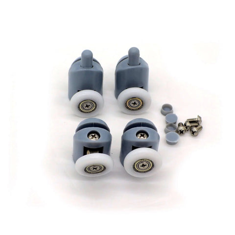 Close-up of 23mm Shower Door Rollers Set of 8 Single Replacement Runners with 4 Upper and 4 Bottom Wheels and screws for glass doors.