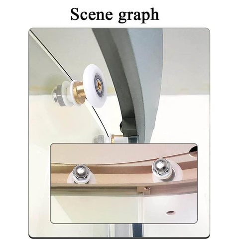 23mm diameter shower door wheels with smooth rolling nylon runners, solid brass hubs, stainless screws installed on shower door