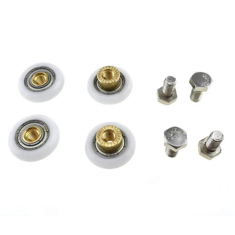 23mm diameter shower door wheels with smooth rolling nylon runners, solid brass hubs, and stainless steel screws, 4-pack.