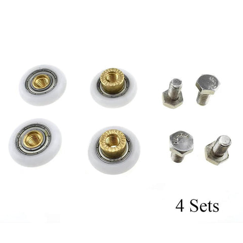 23mm diameter shower door wheels with smooth rolling nylon runners, solid brass hubs, stainless steel screws, 4-set pack