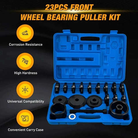 Open blue case of Wheel Bearing Removal Tool Kit 23 Piece Set for Front Wheel Drive Vehicles with bushings and sleeves displayed.