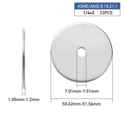 Side and front view of 23 Pcs Fender Washers 1 Quarter Inch ID 2 Inch OD 304 Stainless Steel 0.047 Inch with dimensions.