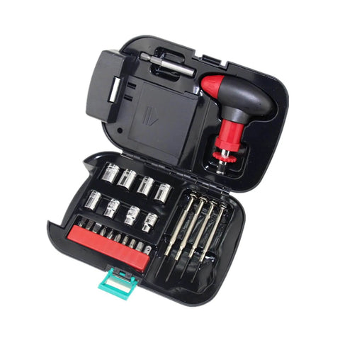 24 In 1 Repair Tool Kit Set With Built In LED Flashlight, ratchet handle, sockets, and screwdrivers in black ABS case.