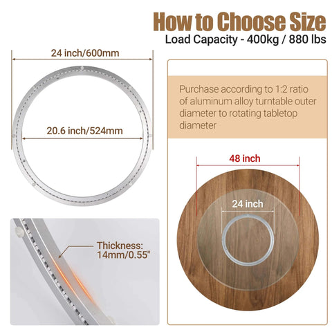 24 Inch Lazy Susan Bearing Heavy Duty Aluminum Alloy Turntable with Silent Smooth Ball Bearing Design, size guide and dimensions