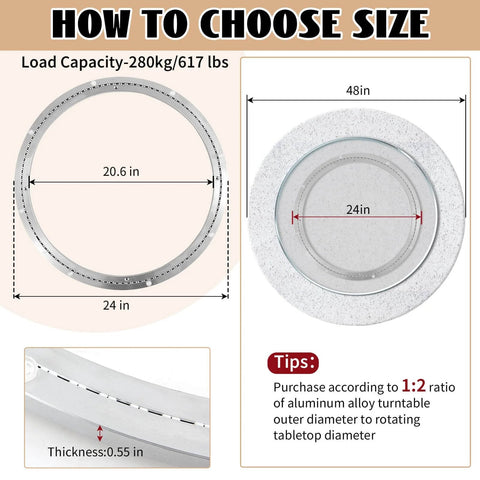 Diagram showing the 24 Inch Aluminum Alloy Lazy Susan Turntable Bearing with size details and tips for choosing appropriate size.