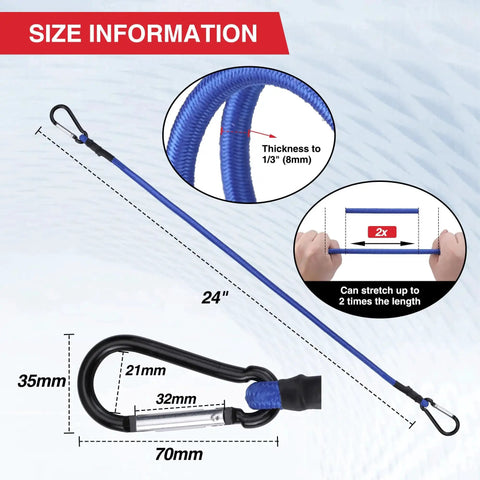 Diagram showing 24 Inch Bungee Cords With Hooks 4 Pack Heavy Duty Rubber Core Elastic Straps, blue cord, aluminum hooks, size details