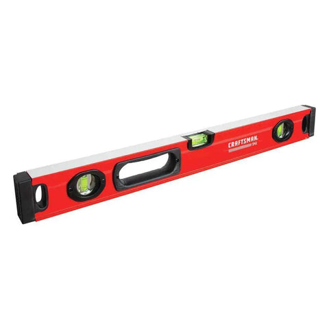 24 inch box beam level with magnetic rear edge for hands free setup on metal surfaces, three vials for quick accuracy, and rugged end caps