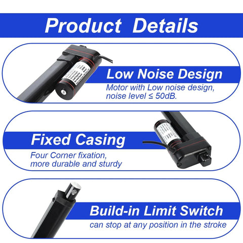 KM-LINEARTECH 24in electric actuator, side view, black with red, fixed casing, built-in limit switch, mounting bracket