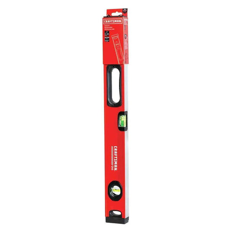 24 inch box beam level with magnetic rear edge for hands free setup on metal surfaces, three vials, rugged end caps