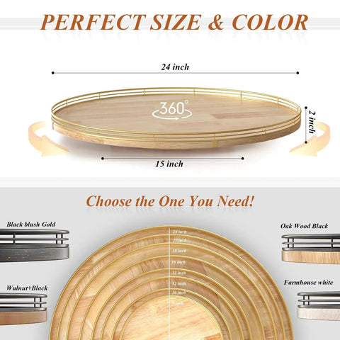 Extra Large 24 Inch Lazy Susan Turntable With Solid Oak Wood And Iron Rustic Farmhouse Style Rotating Tray diagram with size