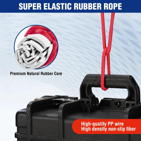 24 Inch Bungee Cords With Hooks Pack Of 4 Heavy Duty Rubber Core Elastic Straps securing a black storage case