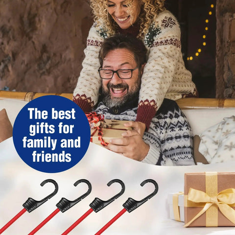 24 Inch Bungee Cords With Hooks Pack Of 4 shown as a gift idea in a cozy holiday setting, featuring red straps and black hooks.