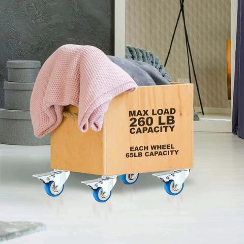 24 pack caster swivel plate with brake on blue polyurethane wheels, 2 inch locking swivel casters on a wooden cart.