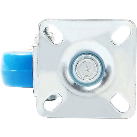 24 pack caster swivel plate with blue polyurethane wheels, 2 inch swivel casters with no brake side view showing details.