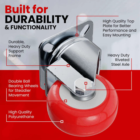 Close-up of 24 pack 2 inch swivel plate caster wheels with red polyurethane, no brake casters designed for furniture and carts.