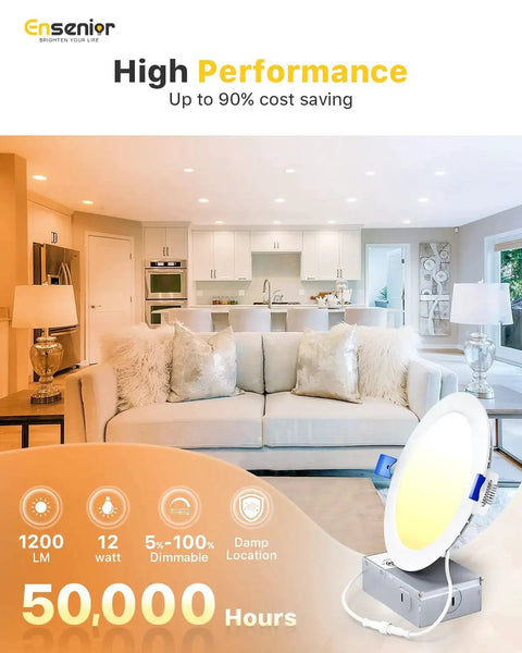Living room with sofa illuminated by 24 Pack 6 Inch LED Recessed Downlights, Dimmable 2700K to 5000K 5CCT, 1200 Lumens, 12W, 120V, High Brightness Canless Wafer Ceiling Lights, ETL FCC IC Approved, Energy Efficient with Easy Template Cut and Smooth Dimming.