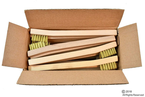 Open box showing 24 Pack Brass Wire Brush Tooth Brushes with wooden handles for rust removal and metal prep.