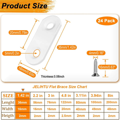 24 Pack 1.42” x 0.63” Flat Bracket Straight Brace - Stainless Steel Heavy Duty Mending Plate for Wood Furniture, DIY Repair