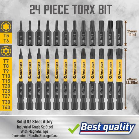 Torx Bit Set For Security And Tamper Resistant Fasteners 24 Piece S2 Steel Driver Bits In 1 Inch And 2 Point 3 Inch Lengths T5 Through T40 Durable Pro Grade Tool Kit Essential Amartisan